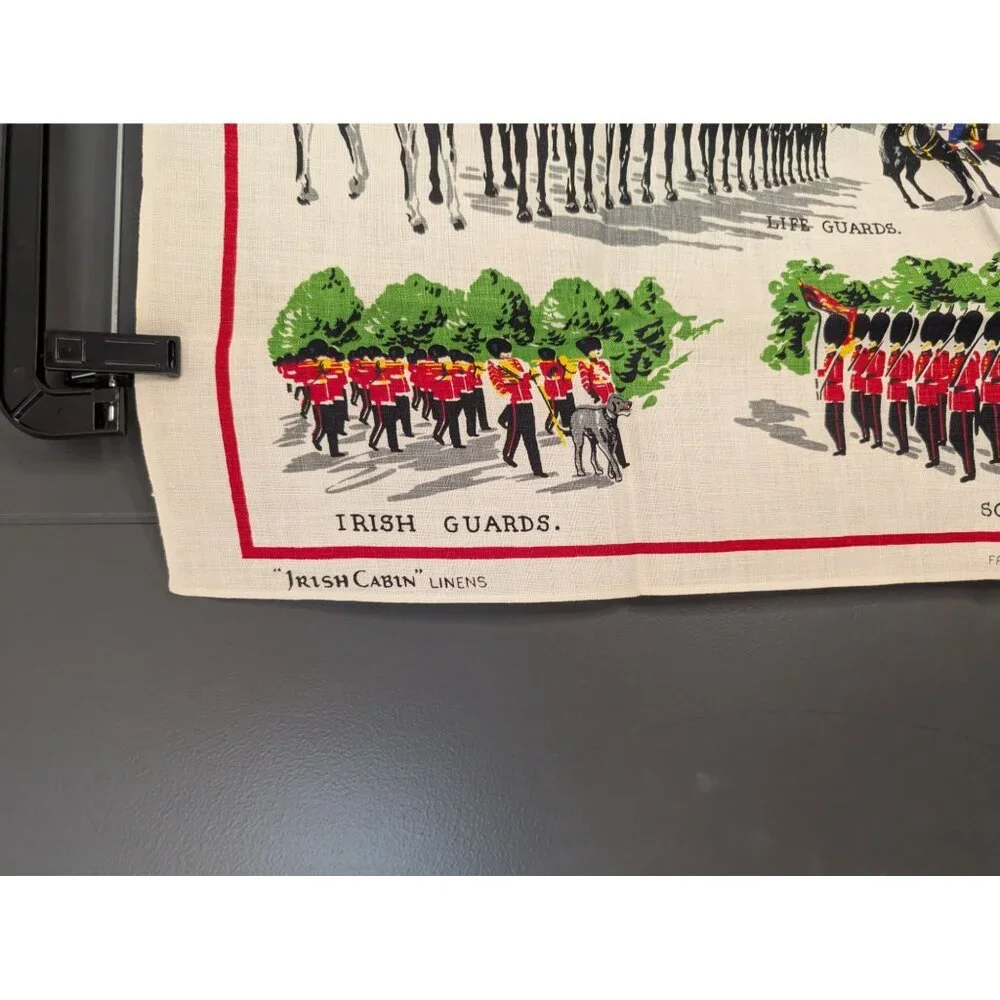 Vintage Mid Century Irish Cabins Linen Souvenir Tea Towel - The Queens‎ Guards